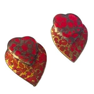 Earrings Heart Statement Drop Ceramic Red Gold VTG l
